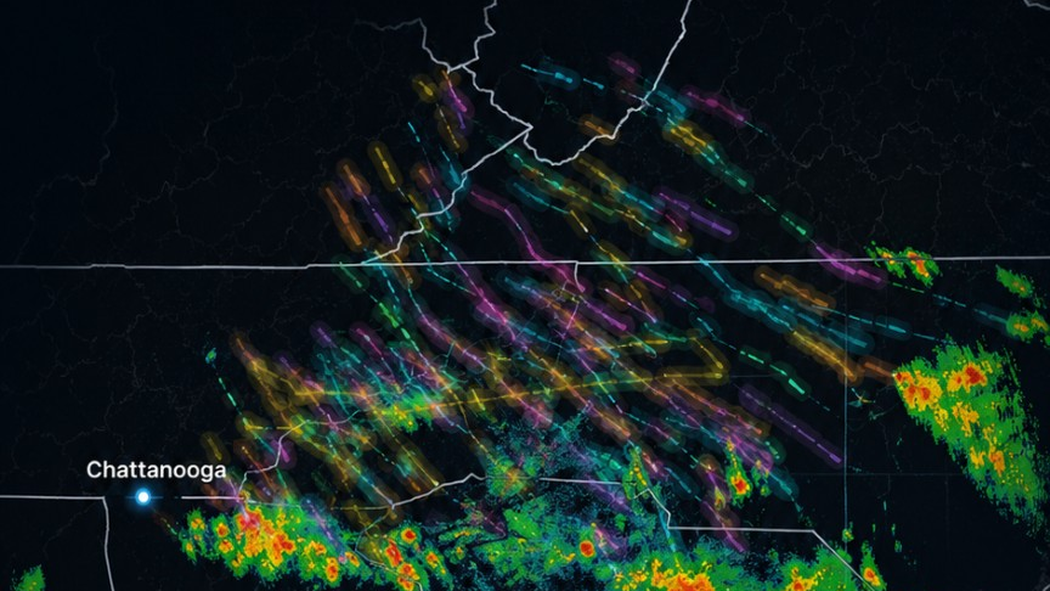 Colorful Storm Trails showing observed paths across radar and county boundaries.
